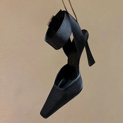 Black Square-Toed Stiletto Satin Shoes