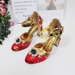 Leather Strap Thick Heel Round Toe Rhinestone High Heels