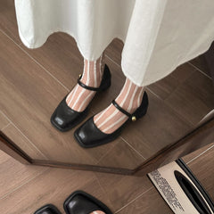 Chunky Heel Square Toe Leather Shoes