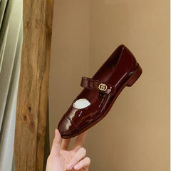 Red Mary Jane Leather Shoes With Metal Buckle