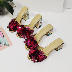 Colorful Rhinestone Flower Embellished Sequin Open Toe Sandals
