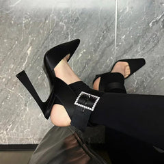 Black Square-Toed Stiletto Satin Shoes