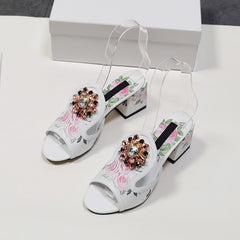 Zapatos de tacón de bloque con punta abierta y satén floral