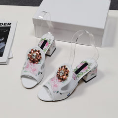 Zapatos de tacón de bloque con punta abierta y satén floral
