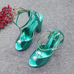 Bright Leather Thick Heel Open Toe Pearl Mirror Solid Color One-Buckle High Heels