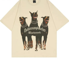 Camiseta de algodón con estampado de dóberman de gran tamaño para hombre