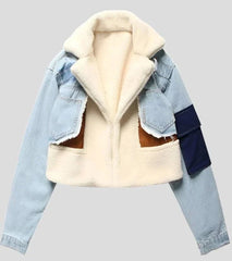 Chic Women's Wool Slim Patchwork Denim Jacket