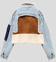 Chic Women's Wool Slim Patchwork Denim Jacket