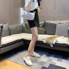 Winter Plush Flat Slippers with Metal Decor Elegant