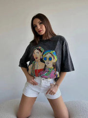 Camiseta vintage de algodón con lavado ácido para mujer