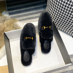 Winter Plush Flat Slippers with Metal Decor Elegant