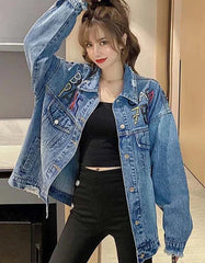 Whimsical Stitch Women's Thin Embroidered Cartoon Jean Jacket