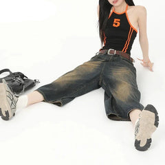 Vintage Streetwear Jeansshorts mit weitem Bein, Y2K-Mode, lockere knielange Hose