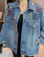 Whimsical Stitch Women's Thin Embroidered Cartoon Jean Jacket