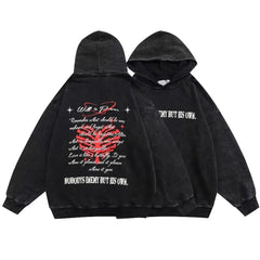 Washed Black Hoodie Gothic Cotton Pullover Streetwear for Men and Women