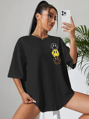 Camiseta de algodón de cuello redondo extragrande para mujer con estampado de cara triste