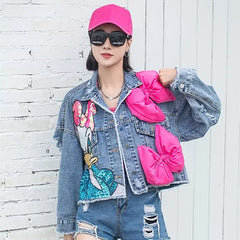 Short Jean Jacket with Cartoon Sequins for Teens