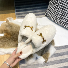 Winter Plush Flat Slippers with Metal Decor Elegant