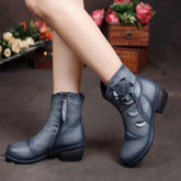 Vintage Genuine Leather Ankle Boots With Decorative Flower