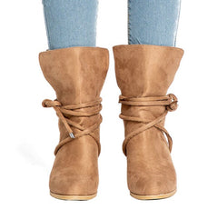 Botas de tacón aterciopeladas de media pantorrilla con lazo cruzado