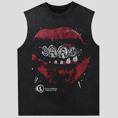 Oversized Graphic T Shirts - Lip Print Cotton Washed Loose Streetwear