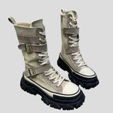 Mid Calf Length Boots - Leather Motorcycle Style for Women