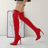 Stretchy Leather Pointed Toe High Boots