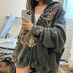 Kapuzenpullover mit Reißverschluss und Skelett-Motiv