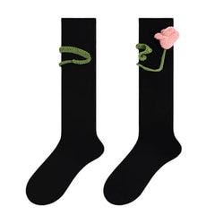 Schwarze Kniestrümpfe mit Tulpenmotiv