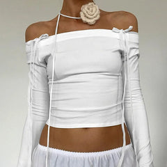 Schulterfreies Langarm-Top mit Schleife