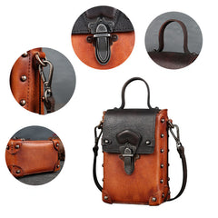 Vintage Handytasche aus pflanzlich gegerbtem Leder mit Nietenverschluss