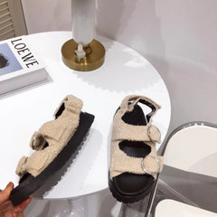 Pelz Casual Heels Niedrigen Absätzen Gladiator Flache Sandalen