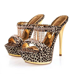 Female High Heels Flip Flops With Leopard Pattern