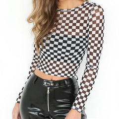 Checkered Long Sleeve Crop Top