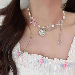 Y2K Halskette mit Herz-Schleife-Anhänger