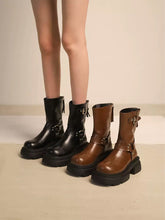 Western Buckle Straps Chunky Heeled Side Zip Boots