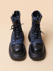 Botines de tacón grueso con suela antideslizante de mezclilla estilo calcetín con retazos acanalados estilo western vintage