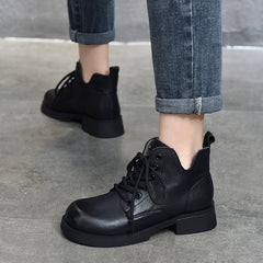 Vintage Leather Lace-Up Mid-Heel Boots