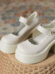 White Buckle Decor Platform Chunky Heel Wave Mary Janes Shoes
