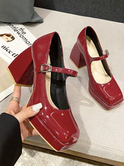 Square Toe Block Heels Mary Jane Pumps