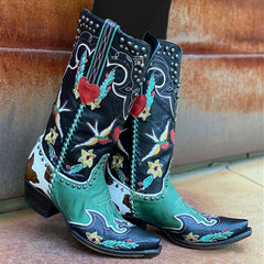 Botas de mujer con remaches bordados retro y bloques de color