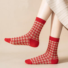 Rote Retro-Baumwollstrümpfe, wadenlang, Weihnachtsgeschenke-Serie, 3 Paar