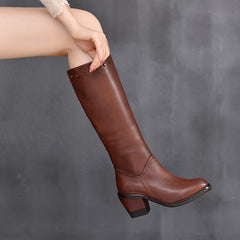 Retro Leather Zipper High Heel Long Boots