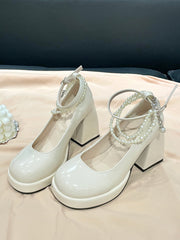 Round Toe Mary Jane Heels Shoes with Double Layered Pearls Chain