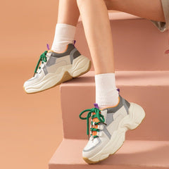 Chunky Sneakers Cow Mesh Retro Casual Shoes Platform Lace-Up Trainers