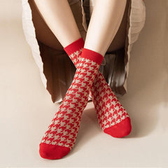 Rote Retro-Baumwollstrümpfe, wadenlang, Weihnachtsgeschenke-Serie, 3 Paar