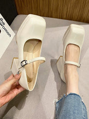 Square Toe Block Heels Mary Jane Pumps