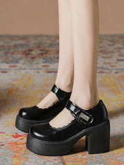 White Buckle Decor Platform Chunky Heel Wave Mary Janes Shoes