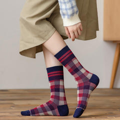 Dunkelrote Retro-Baumwollstrümpfe mit Gittermuster, wadenlang, Weihnachtsgeschenke-Serie, 4 Paar