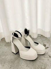 Solid Color Platform Block High Heels Ankle Strap Slingback Pumps